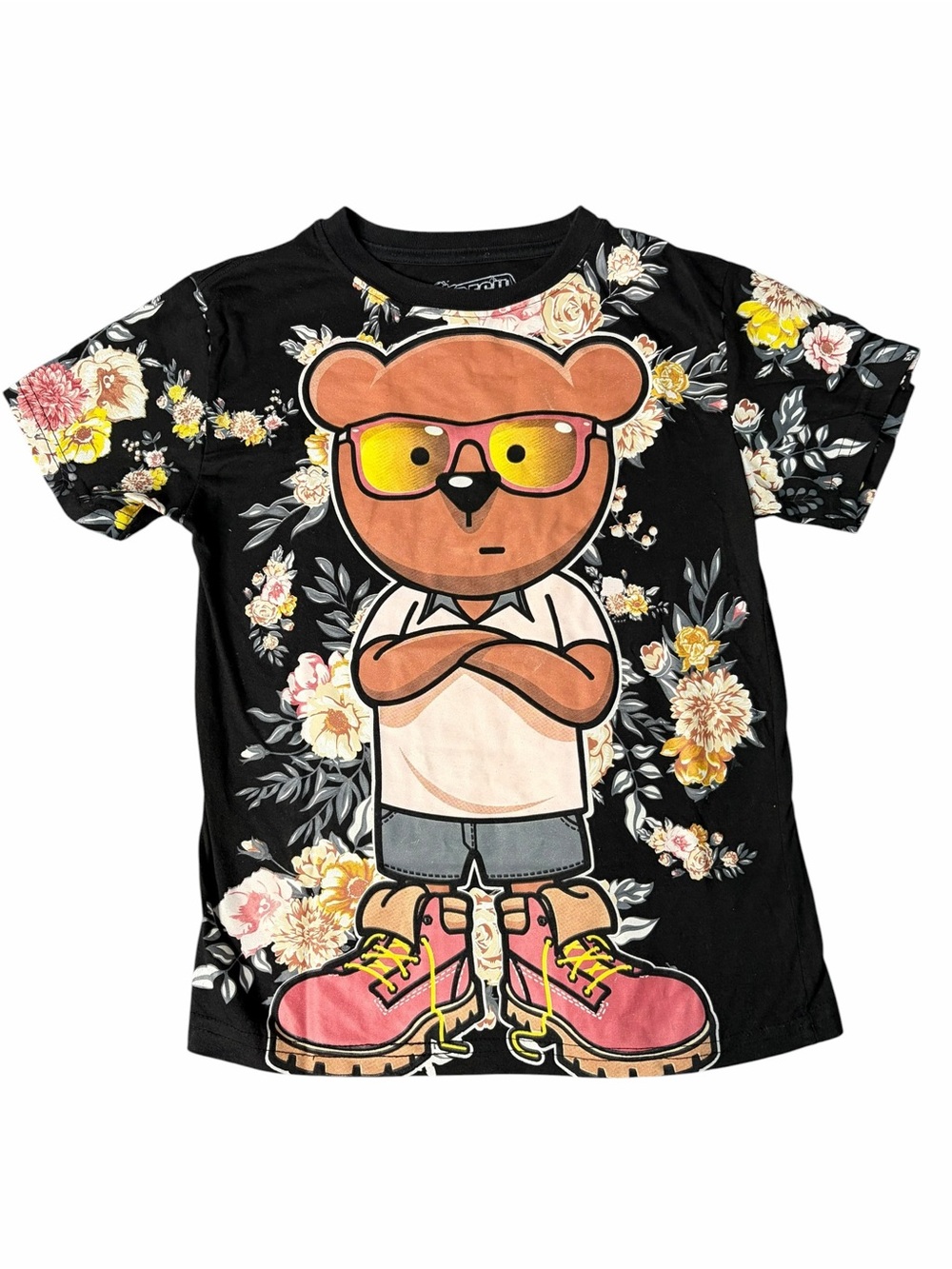 Kids Black Bear Graphic Tee with Floral Accents